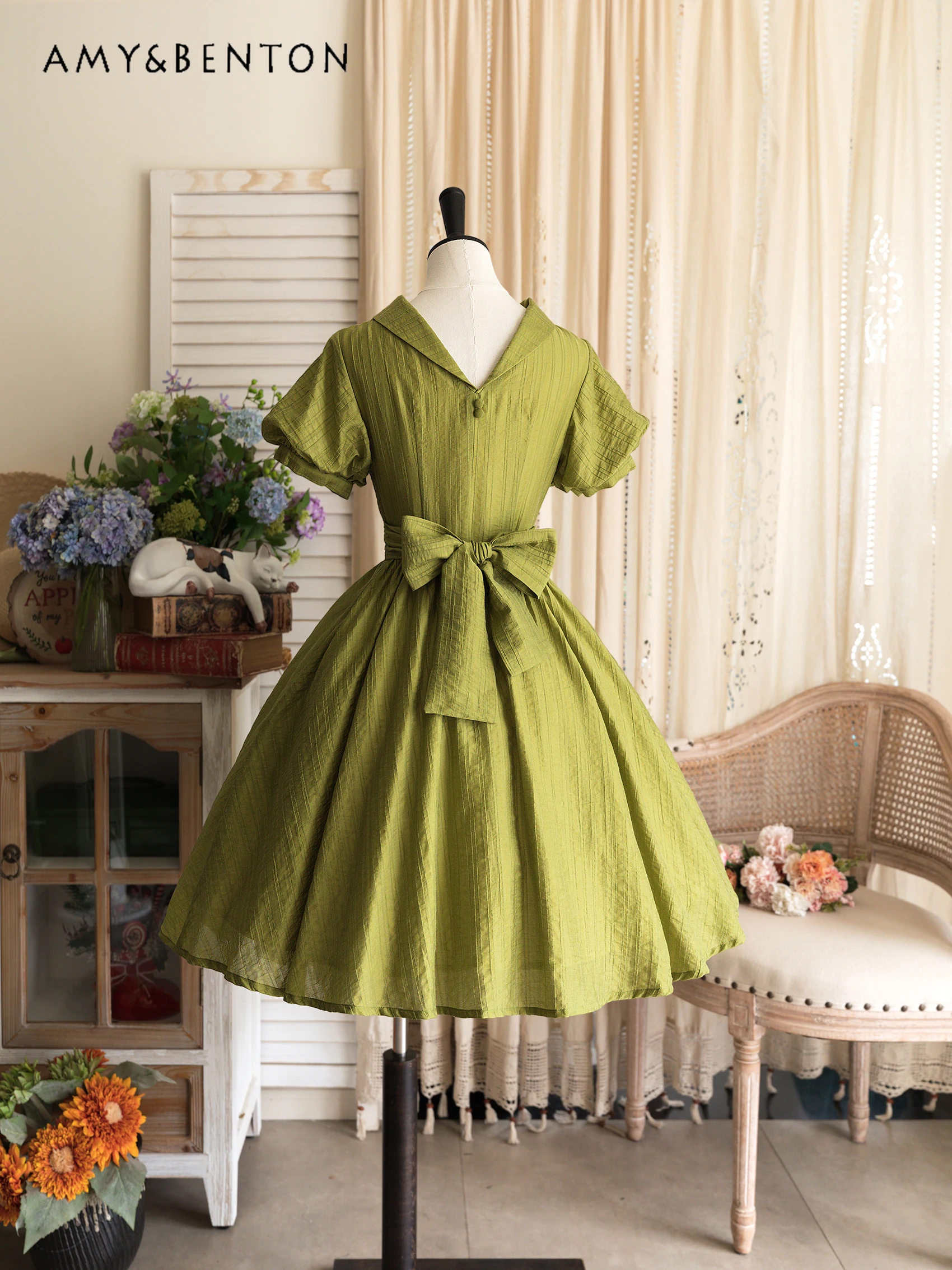 Retro Pastoral Style Elegant CLA Classical Tencel Dress for Women Summer Sweet Puff Sleeve Pure Color All-Match Slim Mini Dress