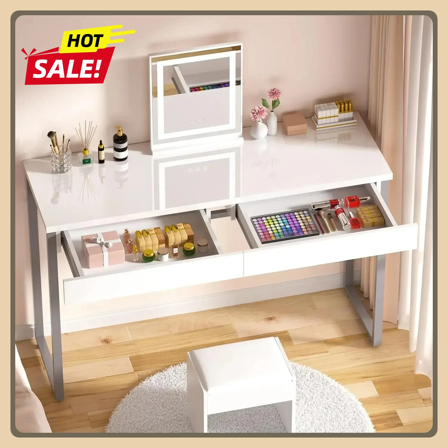 

47 inch Vanity Desk Glossy White Modern Home Office Computer Writing Desk Makeup Dressing Table with Metal with 2 Drawers