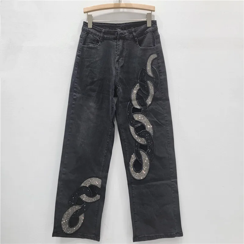 ANJY Spring Autumn New Women Straight Jeans Studded Diamonds Hollow Out Vintage Streetwear Stylish Y2K Casual Denim Pants A11246