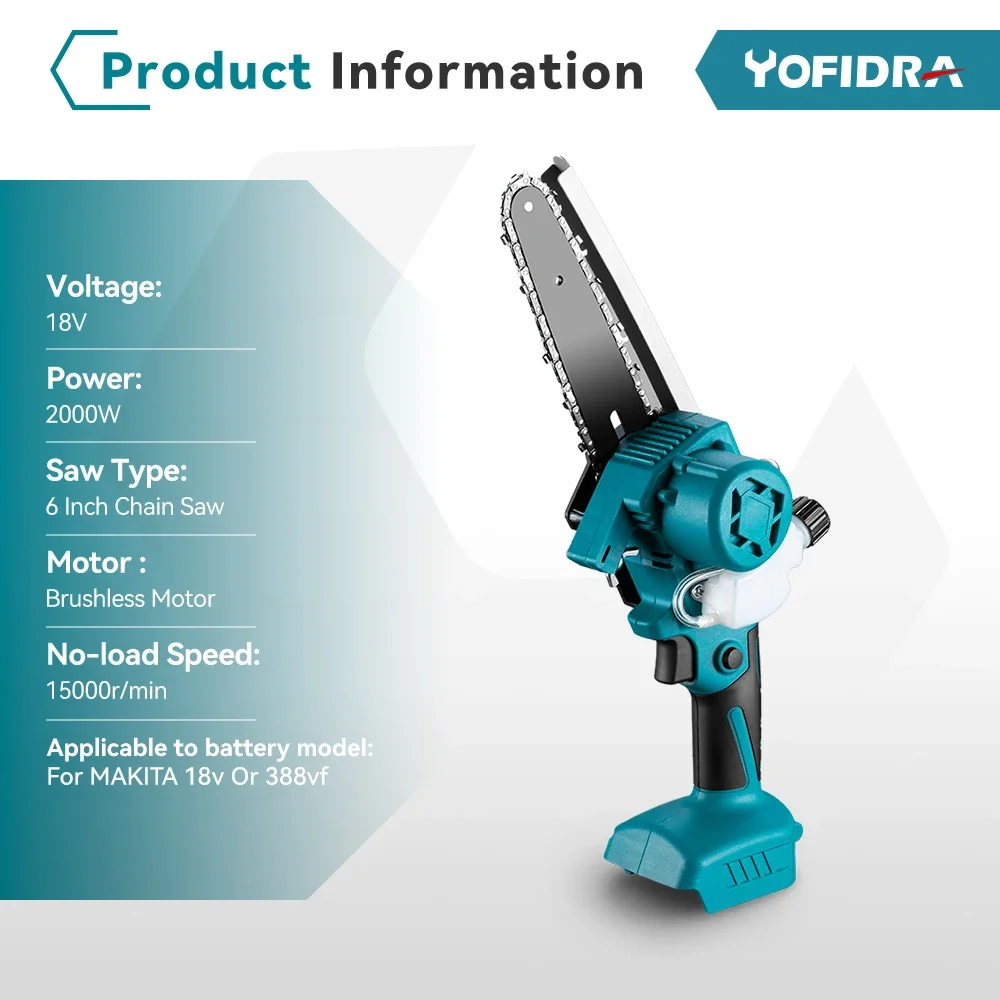 Yofidra 6 Inch Brushless Electric Saw Automatic Oiler Handheld Garden Logging Chainsaw Wood Power Tool For Makita 18V Battery