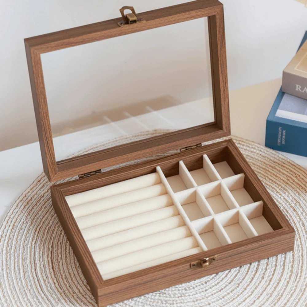 

Multipurpose Elegant Wood Jewelry Box Glass Lid Dust-proof Earrings Display Tray Velvet Storage Box Jewelry Organizer Home