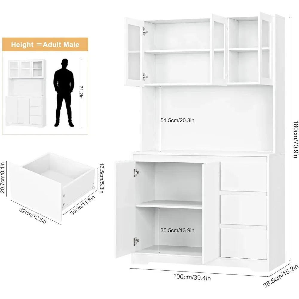 71 Inch Kitchen Sideboard with LED Light and Charging Station, Modern Kitchen Cabinet with Storage and Microwave Stand