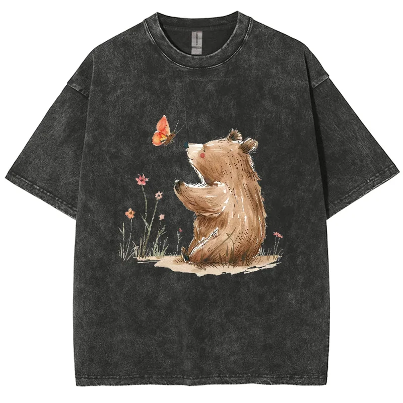 Cartoon Hand Painted Brown Bear Print   T-Shirt Washed Oversized Loose Fashion Short Sleeve Unisex Retro Faux Denim Top