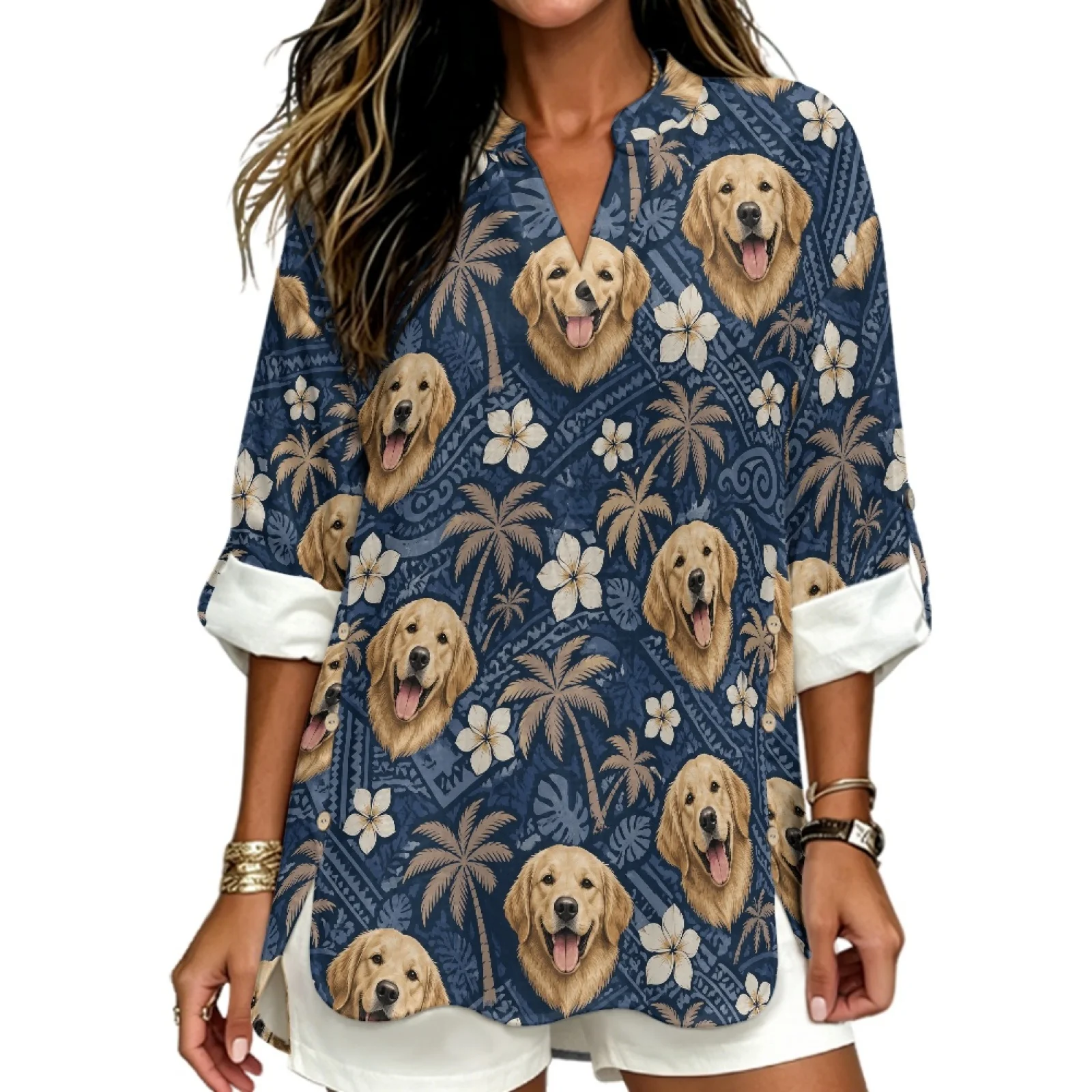 PENSTROLL Dog Palm Print Trendy Tunic Tops for Mujer Linen Style Notch V Neck Blouses Long Sleeve Blouses
