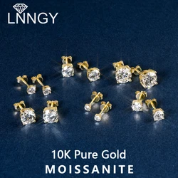 Lnngy 10K Solid Gold Stud Earrings Round Cut 4-Prong Sparkling Moissanite Earring for Women Wedding Screw Back Piercing Jewelry
