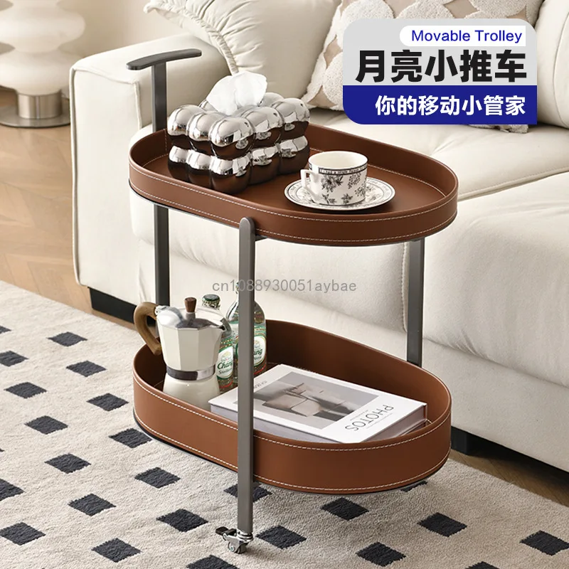 Mesa de café móvel de couro de sela, Trolley Side, Sofá Side Cabinet, Living Room, Home Corner, Bedroom with Wheel Rack