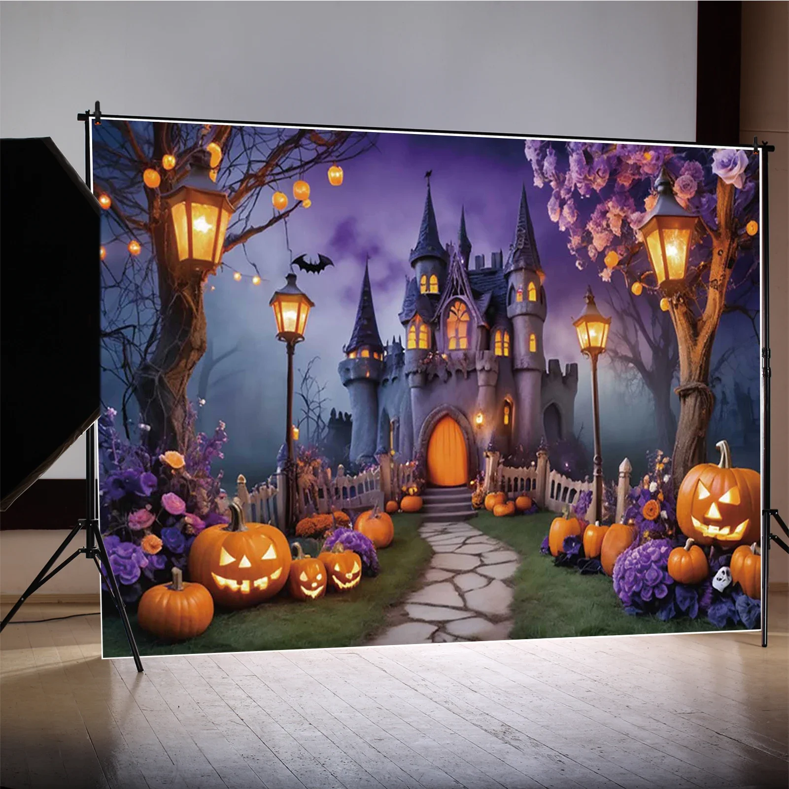 MOON.QG 할로윈 성 보라색 꽃 사진을위한 배경 호박 배경 Photozone 촬영 액세서리 사진 스튜디오