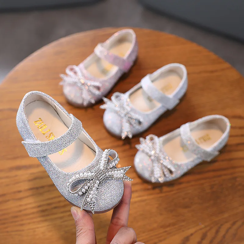 Children's Princess Shoes 2022 Spring New Children Girls Leather Shoes Soft Sole Sequined Bow Little Girls Toddler Shoes 21-30