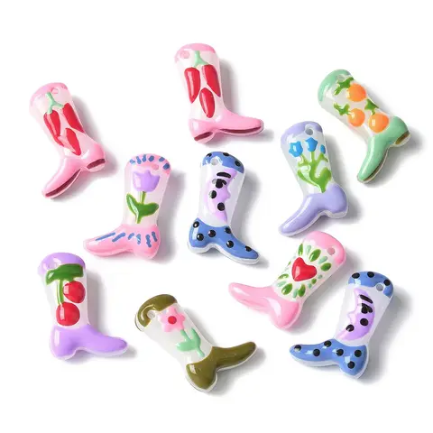 20pcs Flower Pattern Cowboy Boots Lampwork Enamel Beads Half Drilled for DIY Making Necklace Bracelets Dangle Earrings Supplies