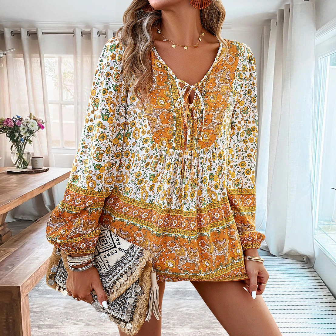 

TEELYNN Boho Cotton Rayon Floral Print Blouse for Women Tops Casual Long Sleeve Loose Oversize Blouses Autumn Shirts Beach Blusa