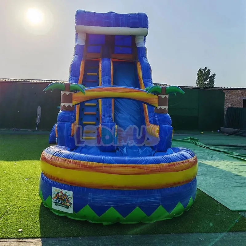 Blue Tropical Palm Tree Design Commercial Inflatable Slide PVC Inflatable Water Slide With Pool for Summer Rental