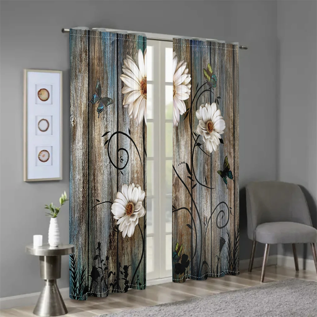 2 Pcs Rustic Wood Daisy Curtains Butterfly Floral Pattern Living Room Bedroom Sun Shade Decorative Curtains Country Style