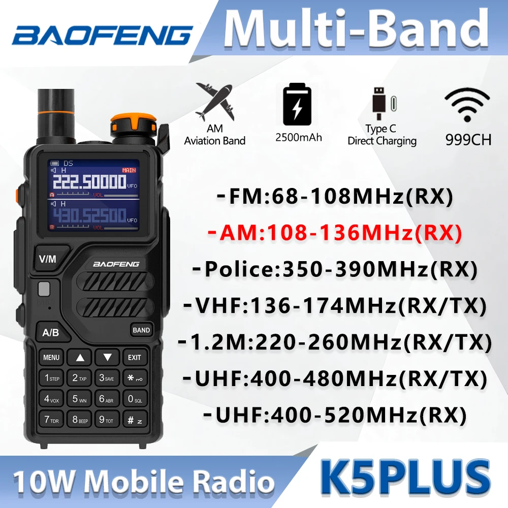 Новая рация Baofeng K5PLUS 10 Вт AM/FM, Многополосная, 999CH, 2500 мАч, портативное радио дальнего действия