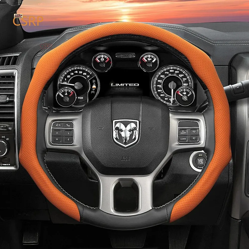 Suitable for Ram Perforated Leather Steering Wheel Cover, Non-Slip, Sweat-Absorbent, Breathable, Integrated Snap-On Protective