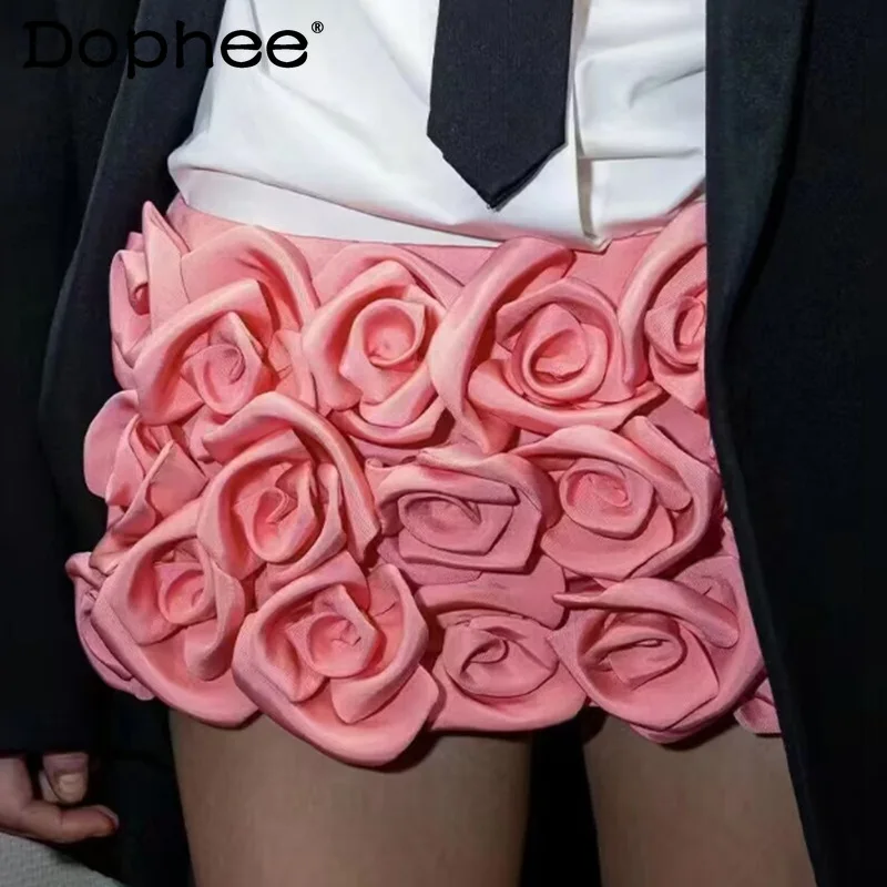 

Sweet Pink Elegant Three-Dimensional Rose Decorative Shorts Women 2024 Spring Summer New Fashion High Waist Slimming Pantskirt