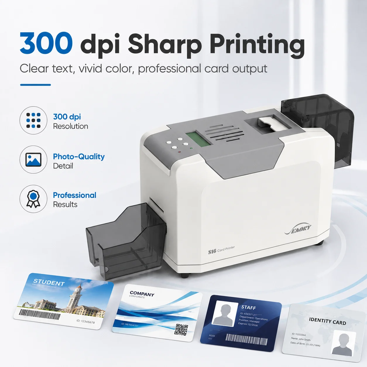 S16 ID Card Printer Single Side PVC Card Printer 300dpi Thermal Transfer Badge Printer for Employee Student Membership Cards