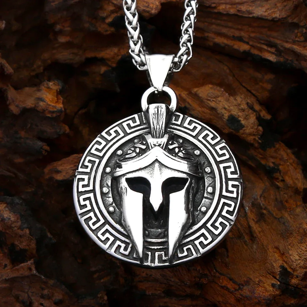 Vintage Spartan Helmet Stainless Steel Pendant Necklace Greek Warrior Charm Ancient Greek Pattern Amulet Jewelry For Men