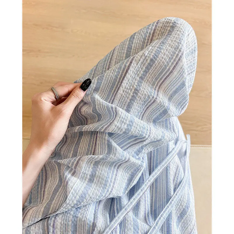 

Синие полосатые ленивые широкие брюки для мужчин и женщин, летние свободные утягивающие хлопковые и льняные повседневные брюки длиной до пола