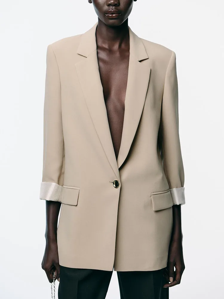 Novo outono 2025 feminino impresso terno jaet com almofadas de ombro casual sle longo sve gola plana único botão fechamento