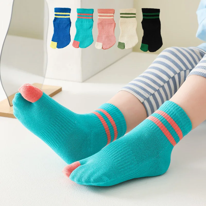 5 Pairs Children Tabi Socks Pure Cotton Fashion Striped Mid-tube Two Toe Sock Kids Student Baby Boys Girls Clogs Socks with Toes