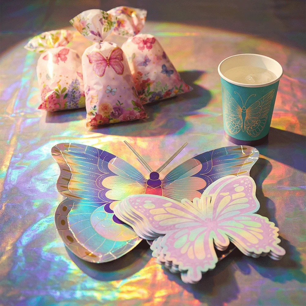 Iridescent Butterfly Party Supplies Holographic Plates Cups Napkins Tablecloth Fairy Girl Spring Birthday Decoration Baby Shower view 3