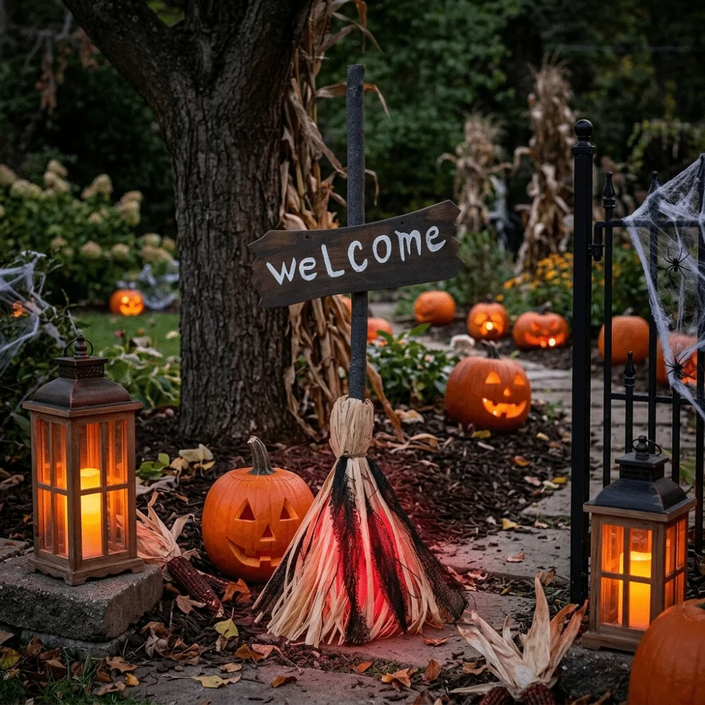 Sprachgesteuerter Halloween-Hexenbesen mit LED-Licht, Leuchtender Halloween-Elektrobesen mit Flexiblem Griff und Willkommensschild – Detail 7