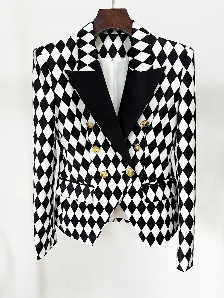 New European and American celebrity runway women\'s jacket diamond grid black and white grid slim fit double breasted suit jacket