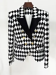 New European and American celebrity runway women's jacket diamond grid black and white grid slim fit double breasted suit jacket