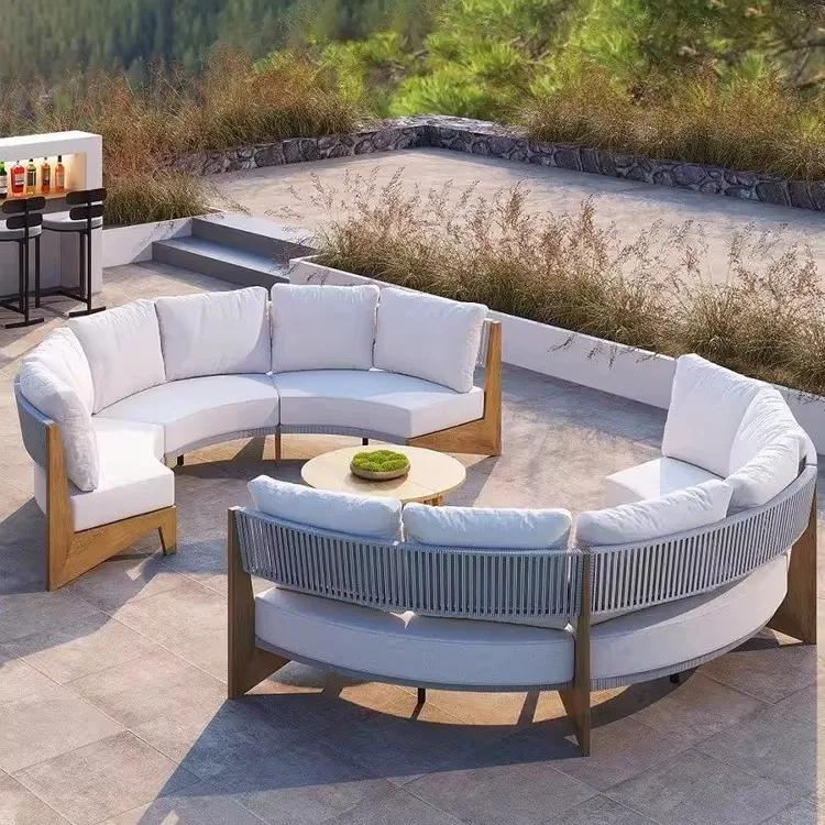Outdoor round sofa teak rattan outdoor deck solid wood rain and sun protection courtyard garden villa restaurant
