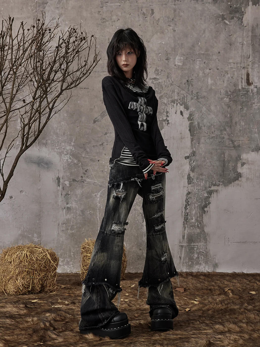 

Low Waist Bell Bot Denim Jeans Women's Ripped Waed Vintage Street Punk Sle Casual Fit High Waist Slim Leg Jeans