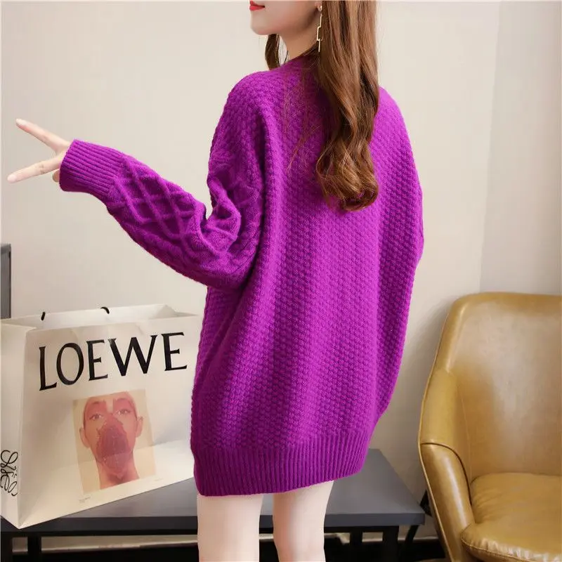 Round Neck Diamond Cable Knit Sweater Women Oversized Loose Long Length Drop‑Shoulder Warm Pullover Autumn Winter Jumper Dress