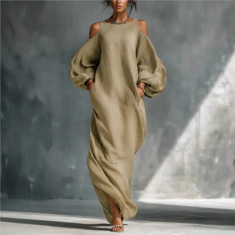 

Sexy Off Shoulder Women's Loose Dress Summer Fashion O-neck Long Sleeved Dresses With Pockets Ladies Comfortable Office Clothing