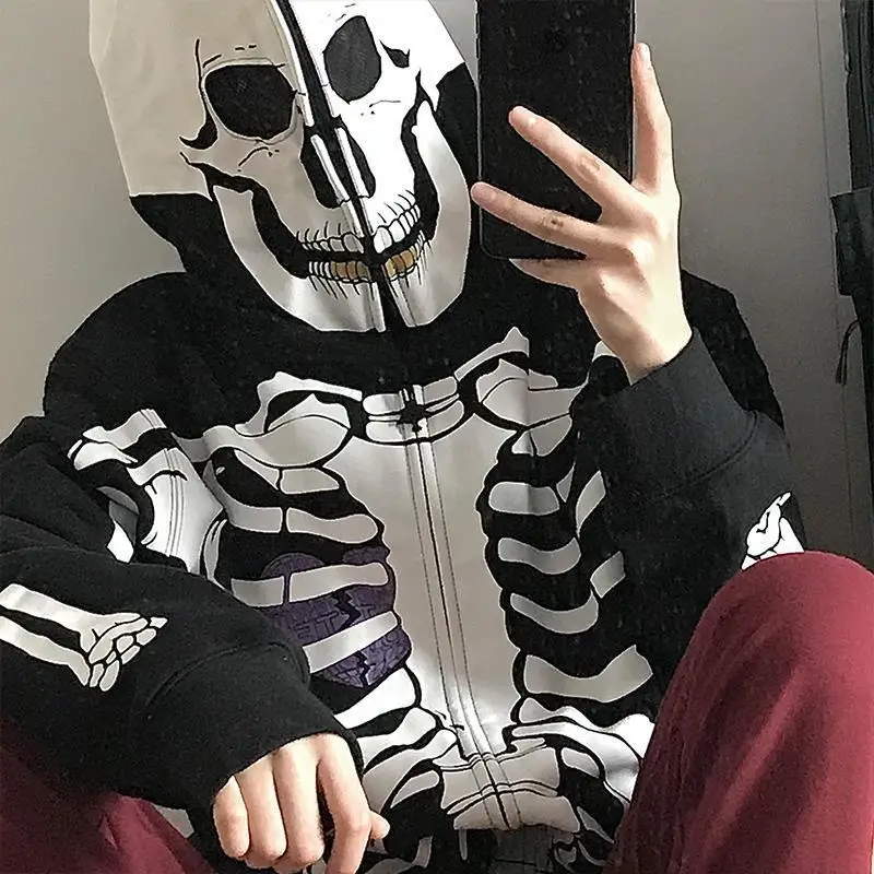 Skeleton Print Hoodies Women Y2K Harajuku Long Sleeve Zipper Jacket Goth Oversize Hooded Sweatshirts Streetwear Hoodies