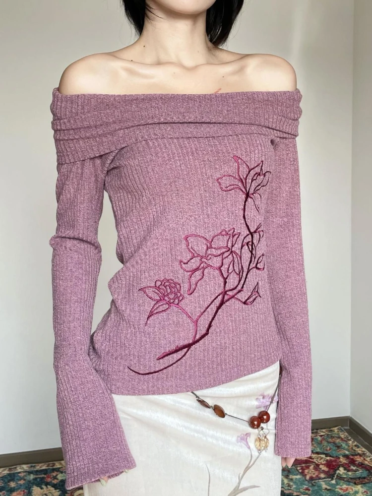 Deeptown Purple Floral Embroidered Women Sweaters Off Shoulder Flare Sleeve Japanese Style Knit Pullovers Slim Aesthetics Winter