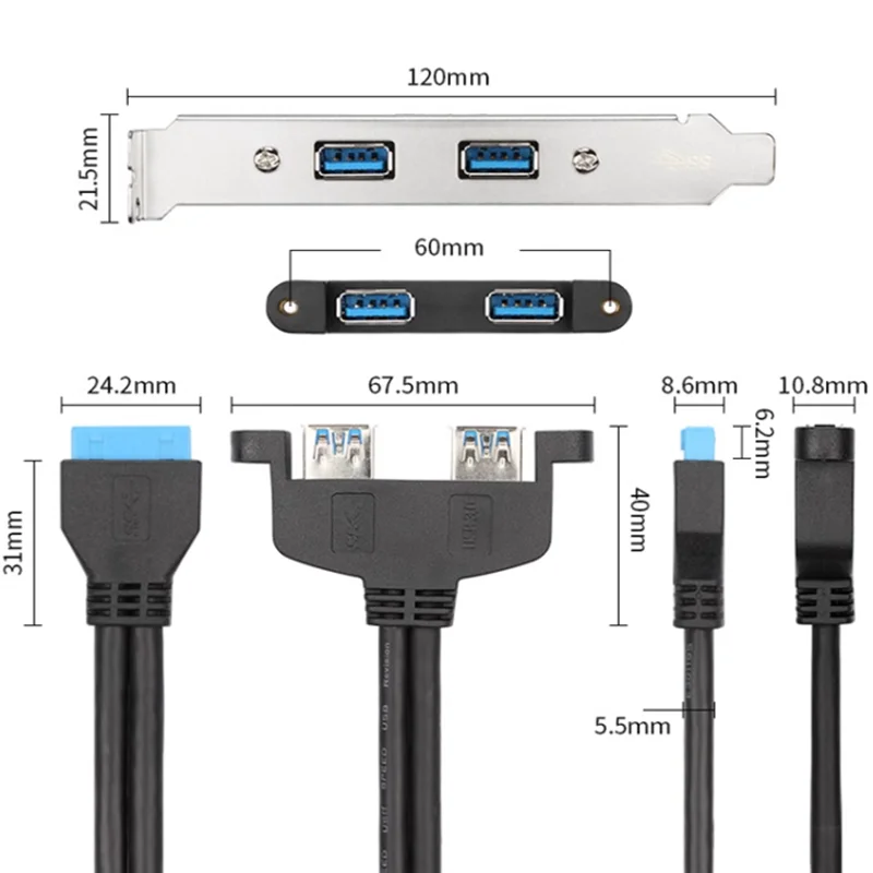 50cm 5Gbps 2 Ports USB 3.0 Female Back Panel To Motherboard 20pin Header Connector Cable Adapter With PCI Slot Plate Bracket