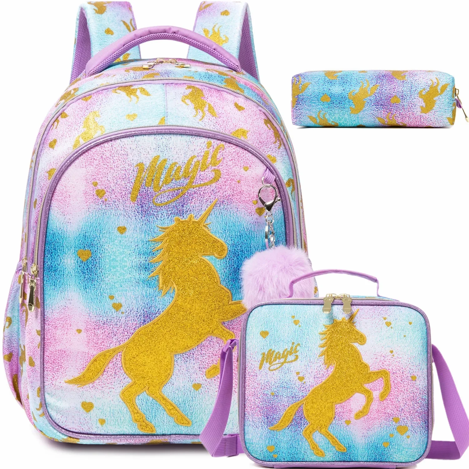 3 Pieces School Bags for Girls Unicorn Bookbag with Lunch Box for Elementary Students Waterproof School Bags Kawaii Shoulder Bag