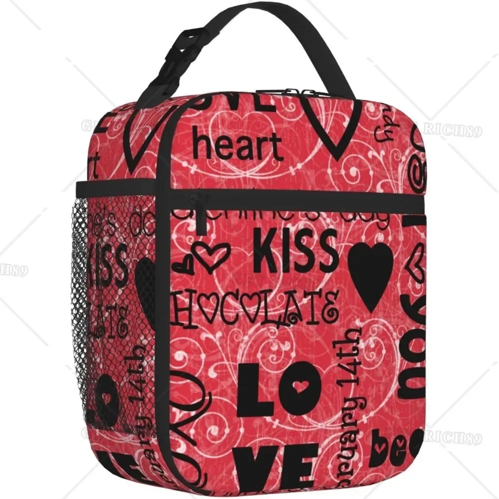Valentine's Day Printed Lunch Bag with Side Pocket for Women Love Hearts Insulated Box Thermal Meal Tote for Work Picnic Office