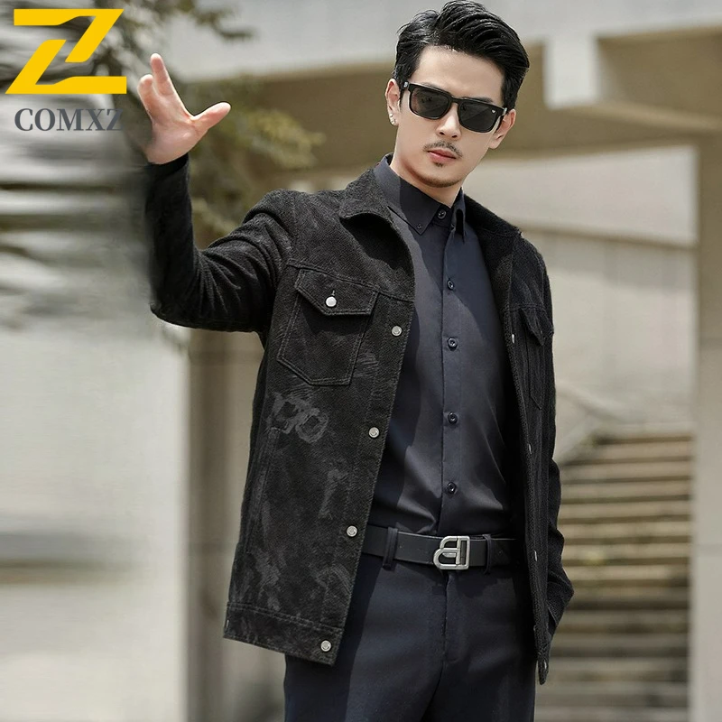 COMXZ Men Leather Jacket Lightw Luxurious Business Windproof Leather Coats Fashion Classics Notch Lapel Solid Color Autumn Coat​