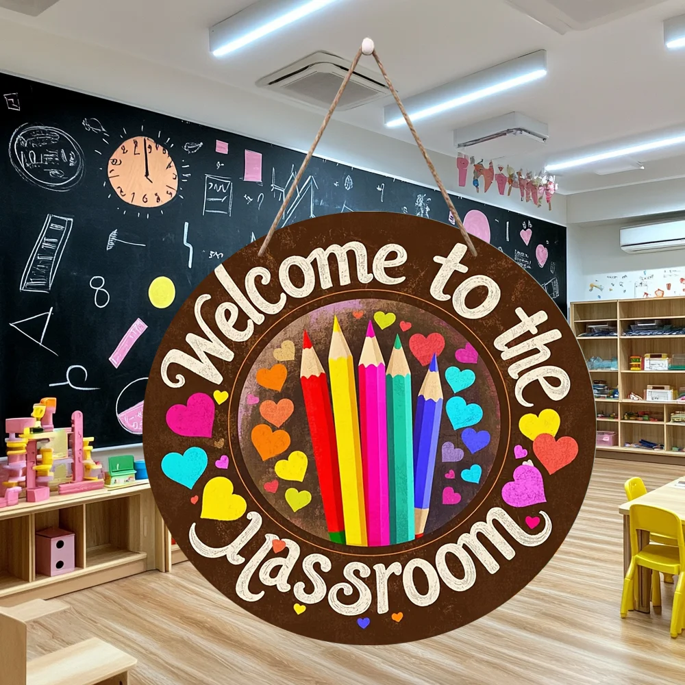 1pc, welcome theme sign for school season, 8x 8 inch wooden round hanging decoration, suitable for classroom, room, office door