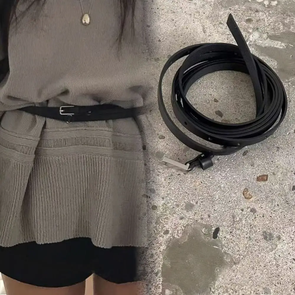 

Trendy Versatile Women's Belt 210cm PU Leather Skirt Belt Narrow Double Ring Belt for Women