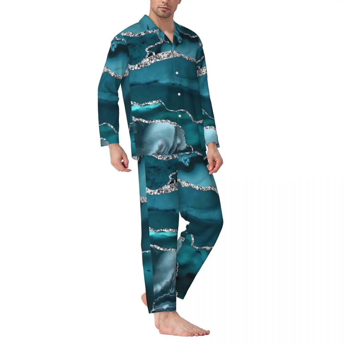 Pijamas masculinos turquesa falso mármore texturas diário pijamas 2 peças conjunto de pijamas vintage manga longa kawaii oversized casa terno