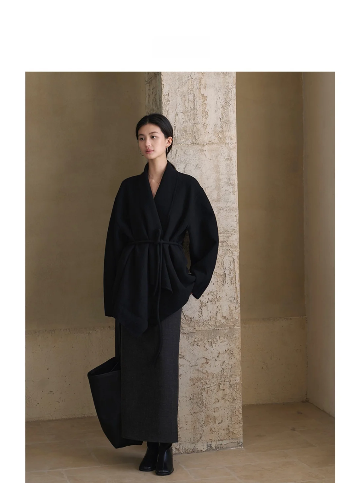 

Heavyweight Double-Faced Wool Belted Robe-Sle mat Coat by Er Yang Design Retro Commute Loose Fit Long Sve Mid-Length