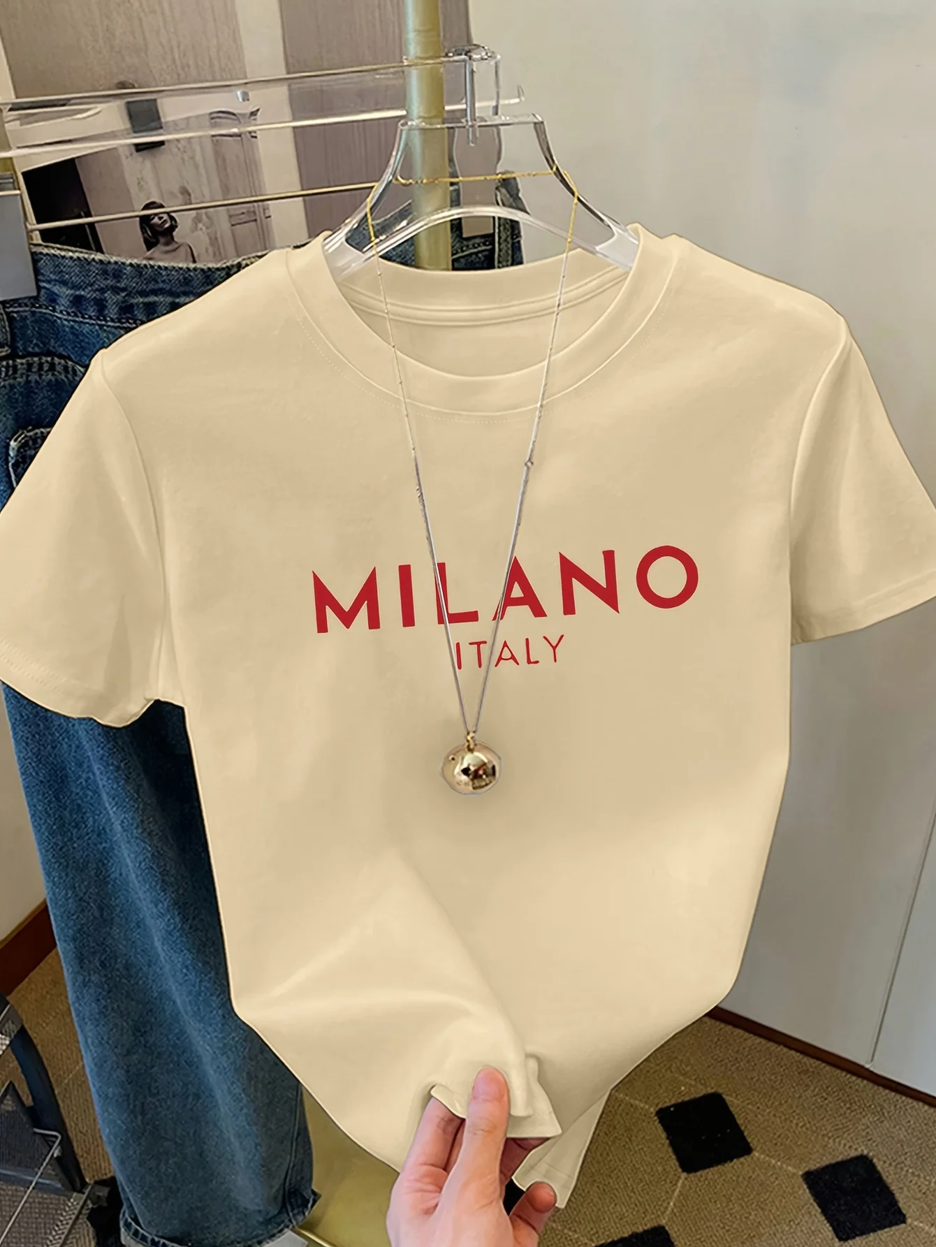 Letter Milano Print T-shirt Women's Short Sleeve Crew Neck Casual Tops Causal Cheap T Shirt Clothes Female Outfit Vintage Ladies