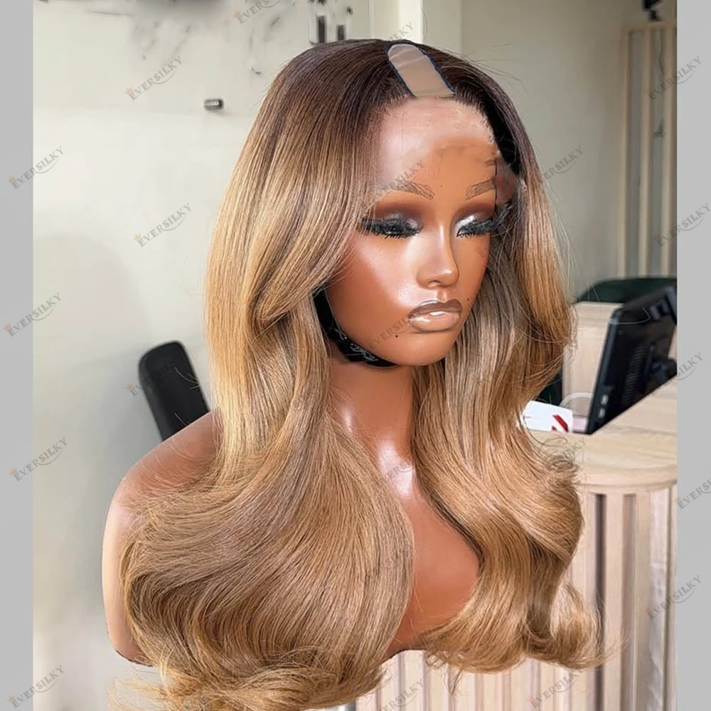 

Dark Brown Roots Cool Honey Blonde Ombre Wavy Human Hair U part Wigs Glueless Full Machine Made Super Wavy Hair V Part Wigs