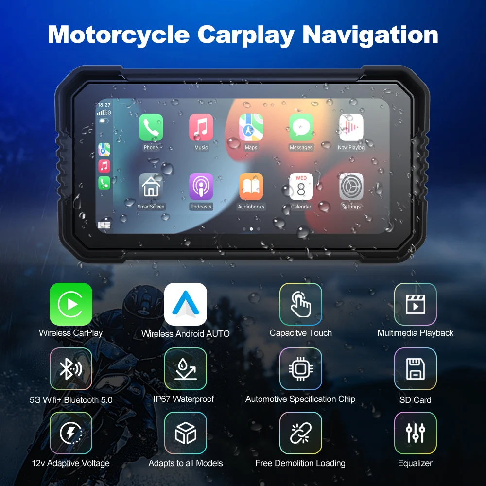 BEPOCAM 6.25inch Motorcycle Screen GPS Navigation Wireless Carplay Android Auto DVR Drive Recorder Moto Monitor IPX7 Waterproof