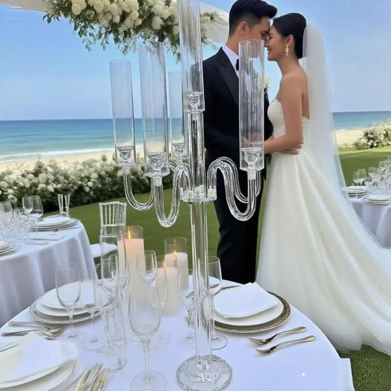 6 Arms Clear Candlestick Ornaments European Five-head Candlestick Hurricane Candle Holder Acrylic Handicraft Candle Holder