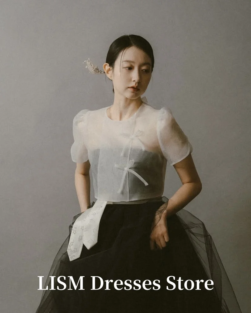 LISM فساتين زفاف كورية عتيقة على شكل حرف a لالتقاط الصور من التل الناعم ورقبة دائرية بطول الأرض فساتين سهرة لحفلات الزفاف كورسيهات مخصصة