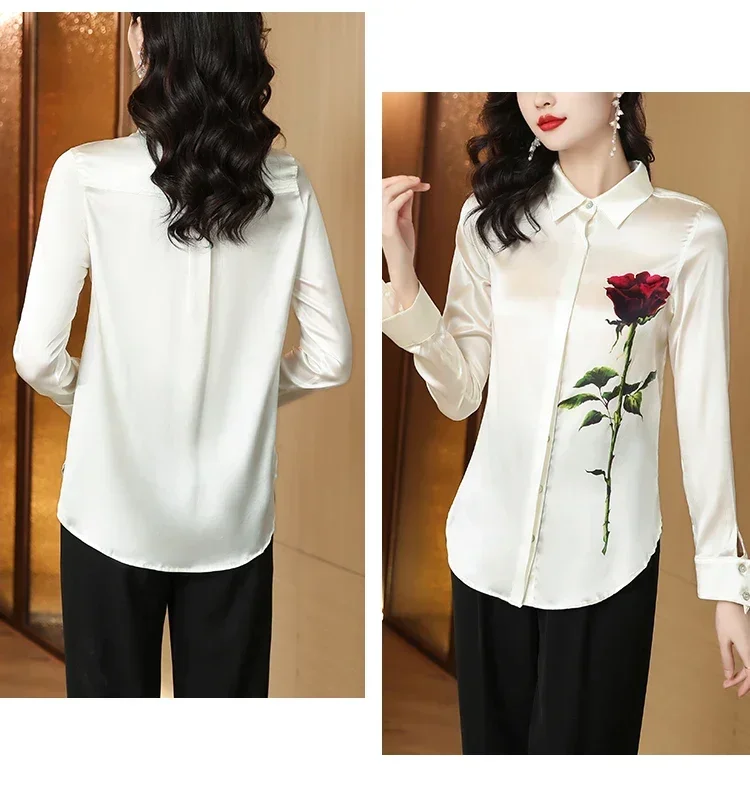 Satin Long Sleeve Women Shirt Summer Roses Floral Korea Fashion Loose Comfortable Lapel Single-breasted Blouse Movafag