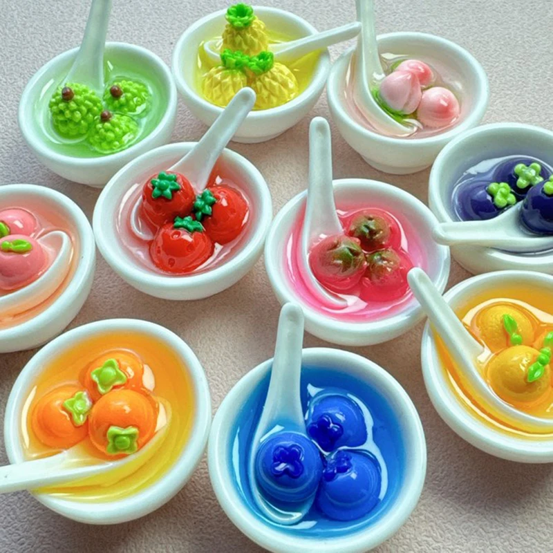 5pcs/set Luminous Three-dimensional Fruit Rice Dumpling Bowl Resin Accessories Cream Gel Diy Pendant Hairpin Micro Landscape