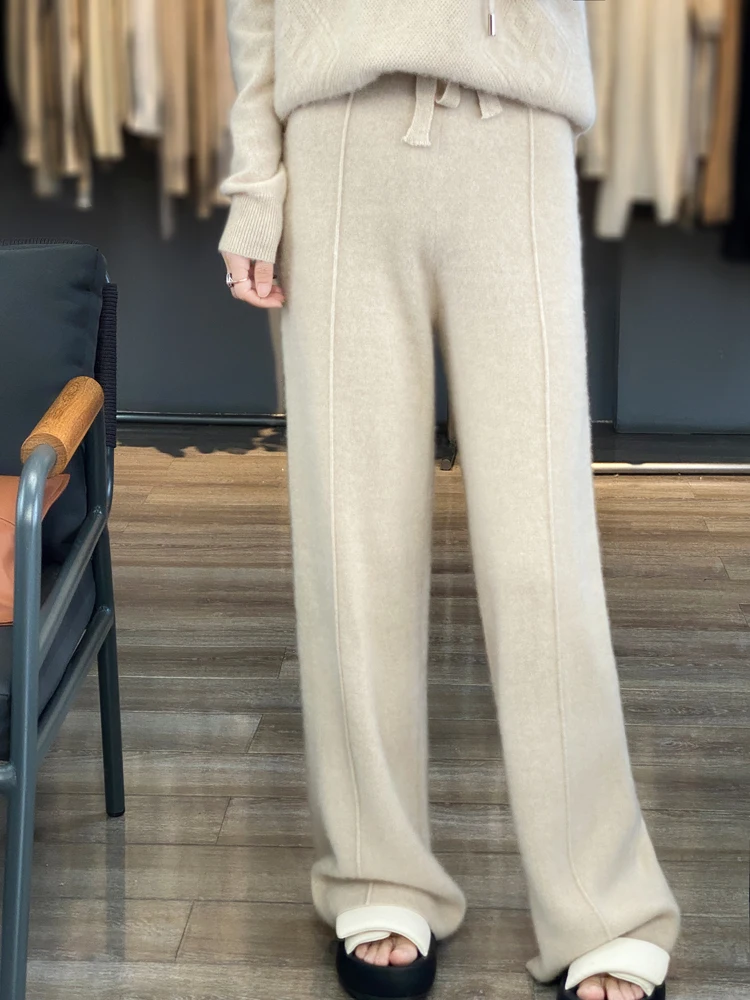 

Autumn Winter Warm Soft Casual Solid Women's Wide-Leg Pants Elegant Elastic Waistband 100% Merino Wool Knitted Bottoms